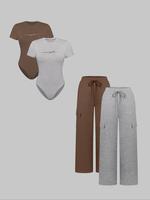 Women's Shortsleeve Bodysuit & Drawstring Waist Pants Set, Fitted Casual Style Round Neck Snap Bodysuit & Pocket Trousers, Minimalist Clothes for All Seasons, Y2k Statement Outfits Set, Womenswear, Basic Casual Matching Yoga Clothes Set
