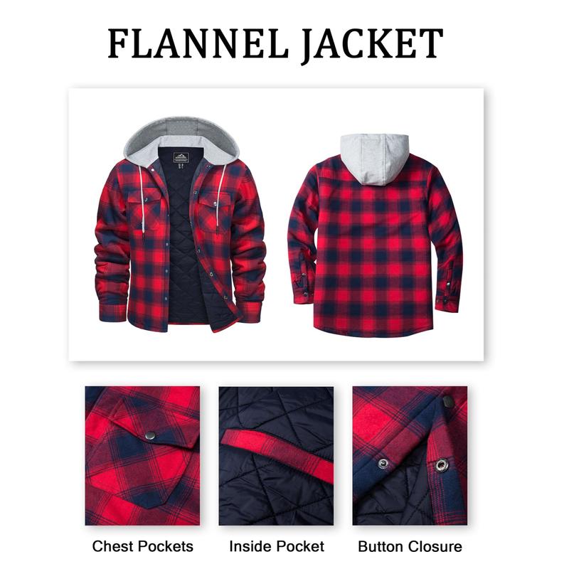 MAGCOMSEN Men's Flannel Shirt Jacket with Hood Quilted Lined Long Sleeve Plaid Hooded Jacket Button Down Spring Winter Warm Coat