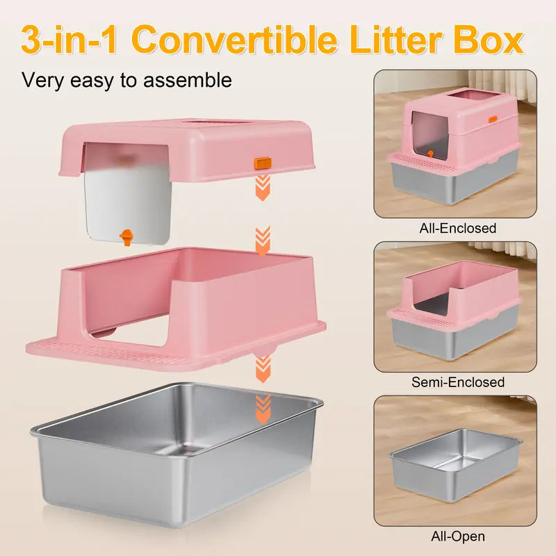 Stainless Steel cat Litter box with Lid, Extra Large Litter box XL, High Side Enclosed Litter box for Cats and Big Cats, Leak Proof Easy to Clean box toilet