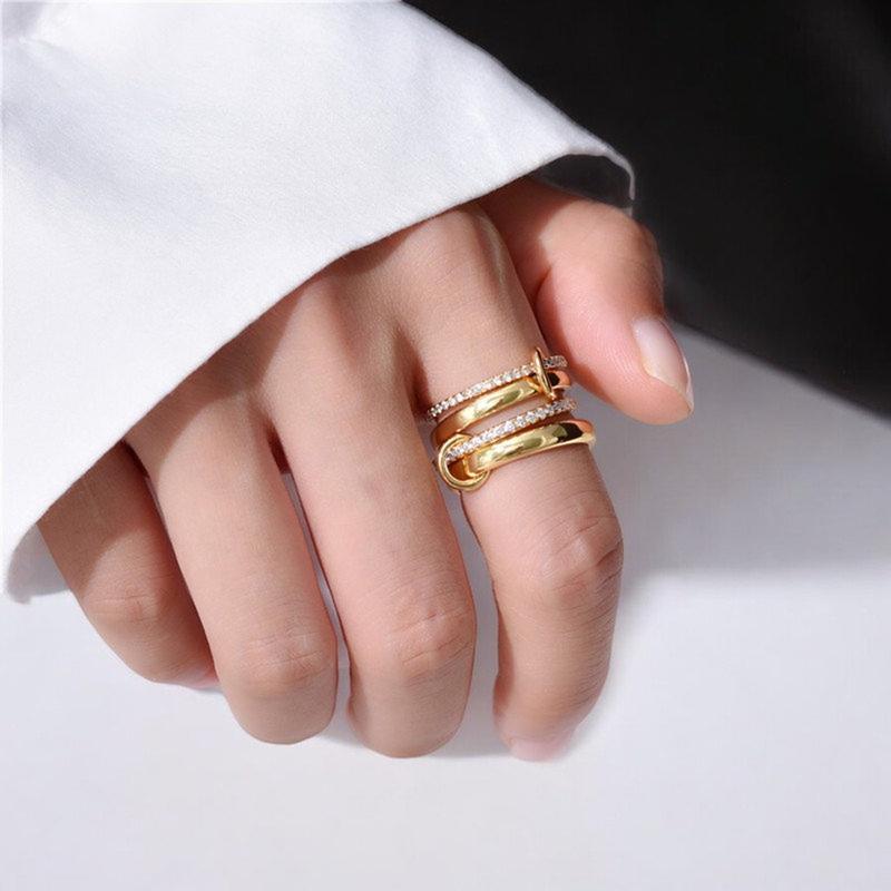 Tewiky Gold Interlocked Stackable Rings for Women - Statement Multi Ring Mixed Metals Stack - Cubic Zirconia Two-Toned Stacking Jewelry