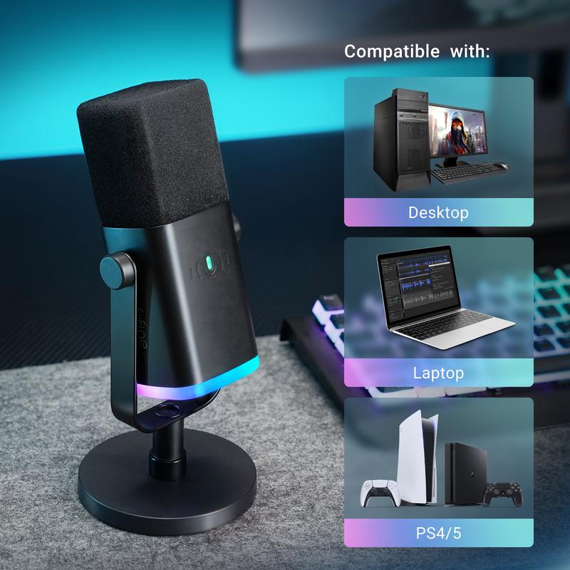 FIFINE AM8 XLR/USB Gaming Microphone for Podcast Recording, Dynamic RGB Mic with Quick Mute, headphone jack, Gain Knob, Volume Control, Desktop Mic for PC Gamer, XLR mic for audio interface mixer, for smartphone