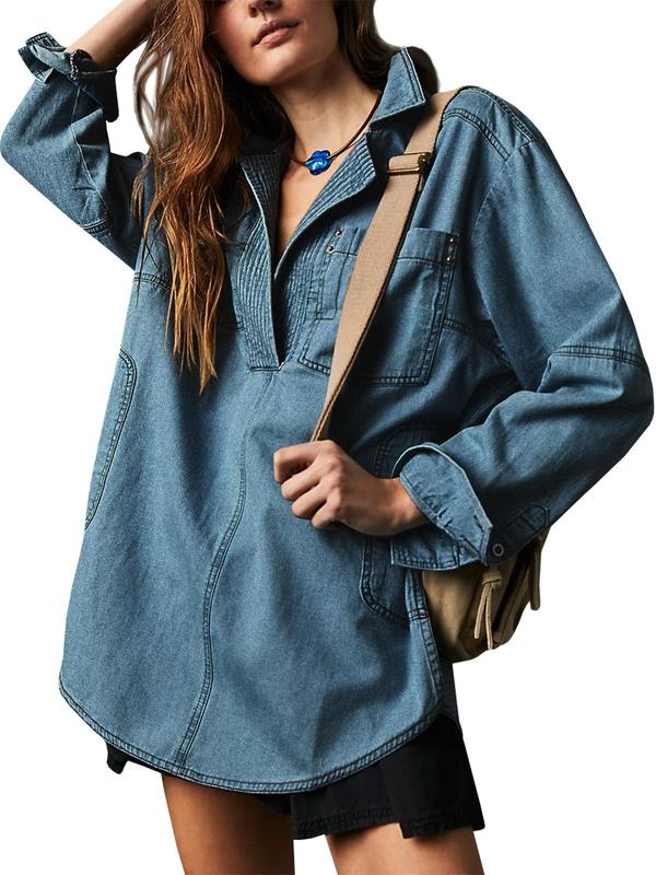 Tankaneo Women's Denim Pullover Casual Notch V Neck Blouse Loose Fit Long Sleeve Jean Jacket with Pocket