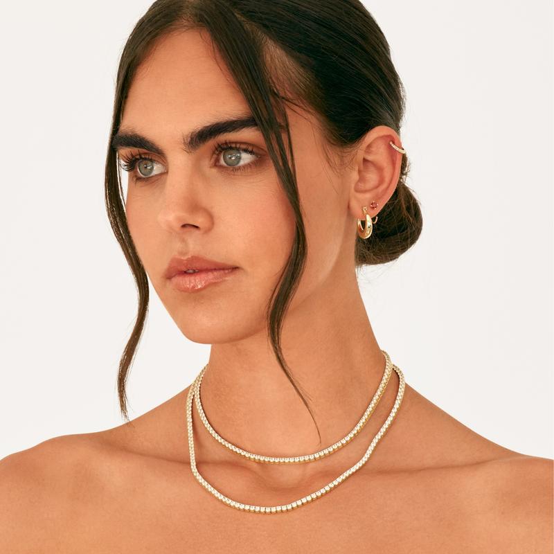 PAVOI 14K Gold Plated 3mm Simulated Diamond Tennis Necklace for Women | Chunky Long Gold Chain | Sizes 15" & 18" | Elegant Simulated Diamonds | Classic Tennis Style Jewelry