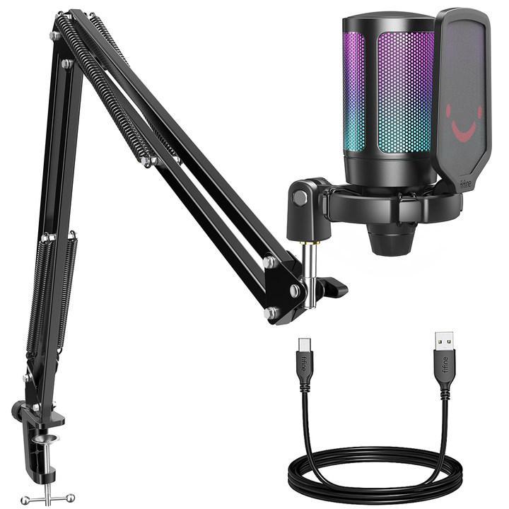 FIFINE AM8 XLR/USB Gaming Microphone for Podcast Recording, Dynamic RGB Mic with Quick Mute, headphone jack, Gain Knob, Volume Control, Desktop Mic for PC Gamer, XLR mic for audio interface mixer, for smartphone