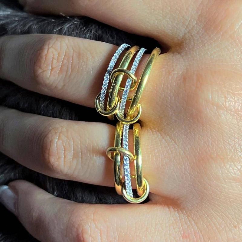 Tewiky Gold Interlocked Stackable Rings for Women - Statement Multi Ring Mixed Metals Stack - Cubic Zirconia Two-Toned Stacking Jewelry