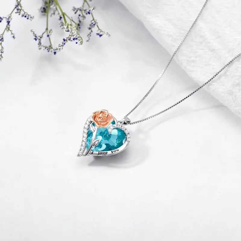 Birthstone Necklace for Women 925 Sterling Silver Rose Flower Heart Crystal Pendant Necklaces I Love You Jewelry Birthday Christmas Gifts for Women Her Girlfriend