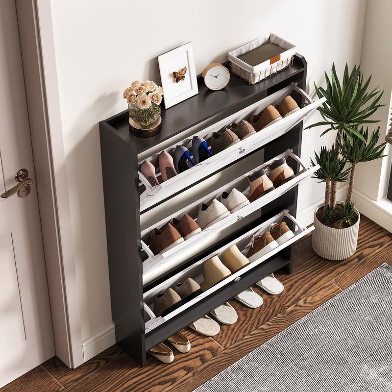 SULIVES Marble Shoe Cabinet: Elegant veneer finish, exquisite metal handles, and breathable semi-open design ensure enhanced air circulation for dryness, hygiene, and a modern aesthetic.
