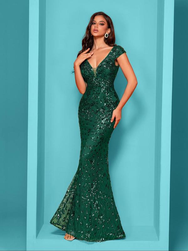 Women's Sequins Mermaid Evening Dress, Elegant V Neck Cap Sleeve Evening Party Gown, Ladies Clothes for Prom Cocktail Banquet Wedding Guest, Formal Wear