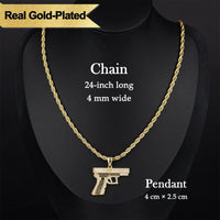 Holylegend 14K Real Gold-Plated Gun Pendant Necklace with AAAA CZ Diamonds, Streetwear Cuban and Rope Chain Jewelry, Bling Accessories Gift for Him, Men's Iced Out Hip Hop Chain