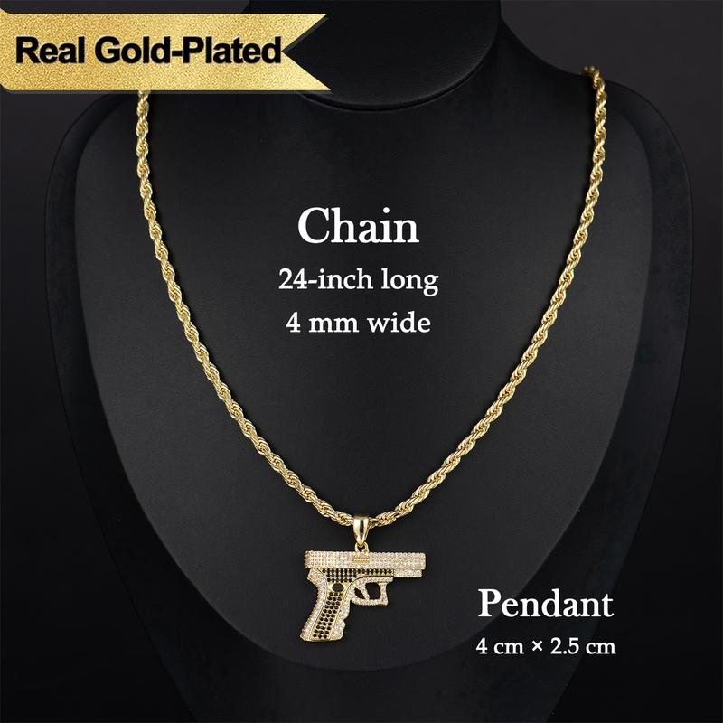 Holylegend 14K Real Gold-Plated Gun Pendant Necklace with AAAA CZ Diamonds, Streetwear Cuban and Rope Chain Jewelry, Bling Accessories Gift for Him, Men's Iced Out Hip Hop Chain