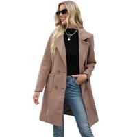 SCUSTY Women Winter Wool Blend Camel Mid-Long Coat Notch Double-Breasted Lapel Jacket Outwear