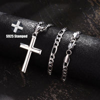 925 Sterling Silver Cross Necklace for Men Women, 5mm 316L Stainless Steel Diamond-Cut Durable Figaro Link Chain or Cuban Link Curb Chain for Men, Mens Silver Crucifix Cross Pendant Necklaces Jewelry 16-30 Inches