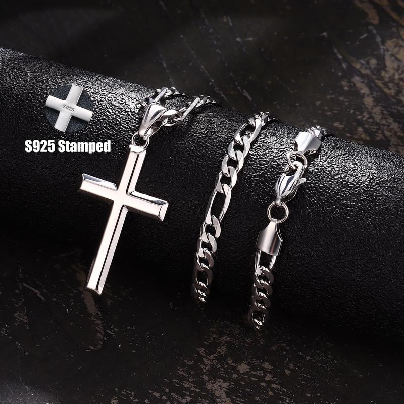 925 Sterling Silver Cross Necklace for Men Women, 5mm 316L Stainless Steel Diamond-Cut Durable Figaro Link Chain or Cuban Link Curb Chain for Men, Mens Silver Crucifix Cross Pendant Necklaces Jewelry 16-30 Inches
