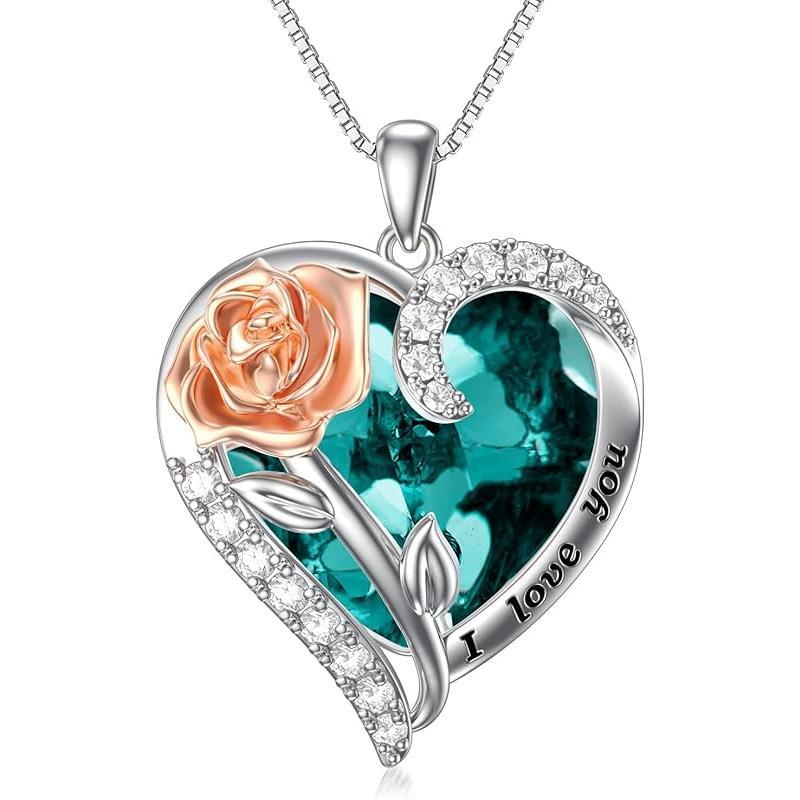 Birthstone Necklace for Women 925 Sterling Silver Rose Flower Heart Crystal Pendant Necklaces I Love You Jewelry Birthday Christmas Gifts for Women Her Girlfriend