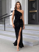 Women Glitter Cut Out Criss Cross Sleeveless One Shoulder Split Thigh Sequin Formal Dress, Summer Clothes Women, Dress in Club, Sparkly Bodycon Evening Dress Quince Dress Vacation Outfits Outfit Para Brunch, Dresses for Women, Summer Dresses