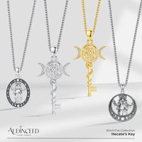 Audinceed Hecate's Key S925 Sterling Silver Moonstone Necklace, Witchtok Collection, Hekate Triple Moon Goddess Pagan Wiccan Magic Silver Necklace Pendant Protection Blessed Amulet Jewelry Gift for Women Men