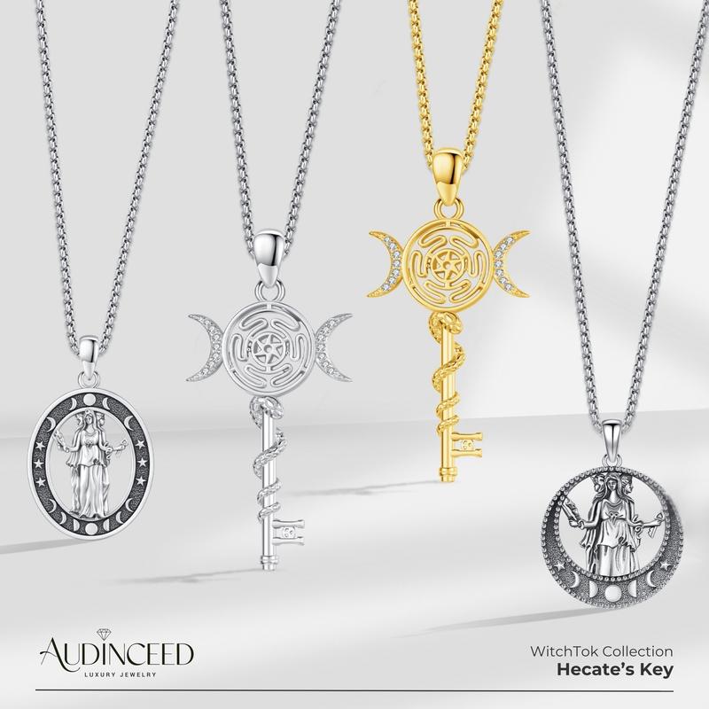 Audinceed Hecate's Key S925 Sterling Silver Moonstone Necklace, Witchtok Collection, Hekate Triple Moon Goddess Pagan Wiccan Magic Silver Necklace Pendant Protection Blessed Amulet Jewelry Gift for Women Men