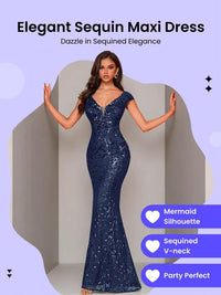 Women's Sequins Mermaid Evening Dress, Elegant V Neck Cap Sleeve Evening Party Gown, Ladies Clothes for Prom Cocktail Banquet Wedding Guest, Formal Wear