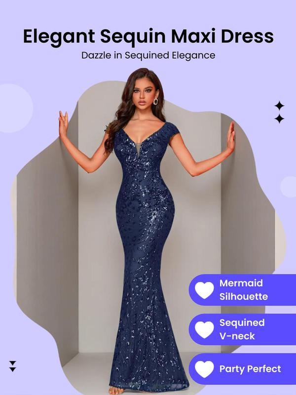 Women's Sequins Mermaid Evening Dress, Elegant V Neck Cap Sleeve Evening Party Gown, Ladies Clothes for Prom Cocktail Banquet Wedding Guest, Formal Wear