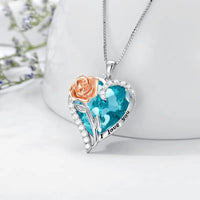 Birthstone Necklace for Women 925 Sterling Silver Rose Flower Heart Crystal Pendant Necklaces I Love You Jewelry Birthday Christmas Gifts for Women Her Girlfriend