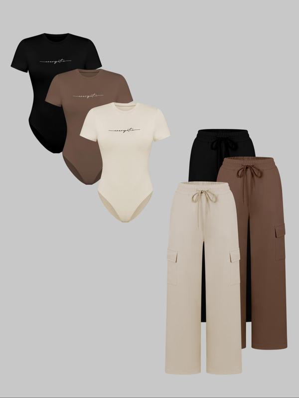 Women's Shortsleeve Bodysuit & Drawstring Waist Pants Set, Fitted Casual Style Round Neck Snap Bodysuit & Pocket Trousers, Minimalist Clothes for All Seasons, Y2k Statement Outfits Set, Womenswear, Basic Casual Matching Yoga Clothes Set