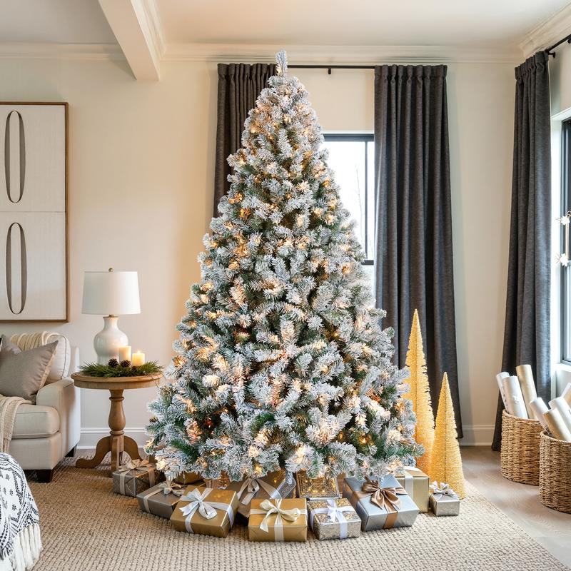 【Led Light】Yaheetech Pre-lit Artificial Christmas Tree with Incandescent Warm White Lights, Snow Flocked Full Prelighted Xmas Tree Foldable Stand Decor Decoration Ornaments
