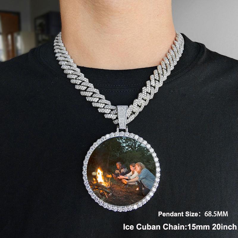 CARÁTIX Medium Round Plated Memory Medallions Charms Custom Picture Pendant Necklace for Men Hip Hop Jewelry Large Size Photo Pendant Jewellery Outdoorfun Valentine's Day Gift Fathersdaygift