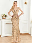 Women's Sequins Mermaid Evening Dress, Elegant V Neck Cap Sleeve Evening Party Gown, Ladies Clothes for Prom Cocktail Banquet Wedding Guest, Formal Wear