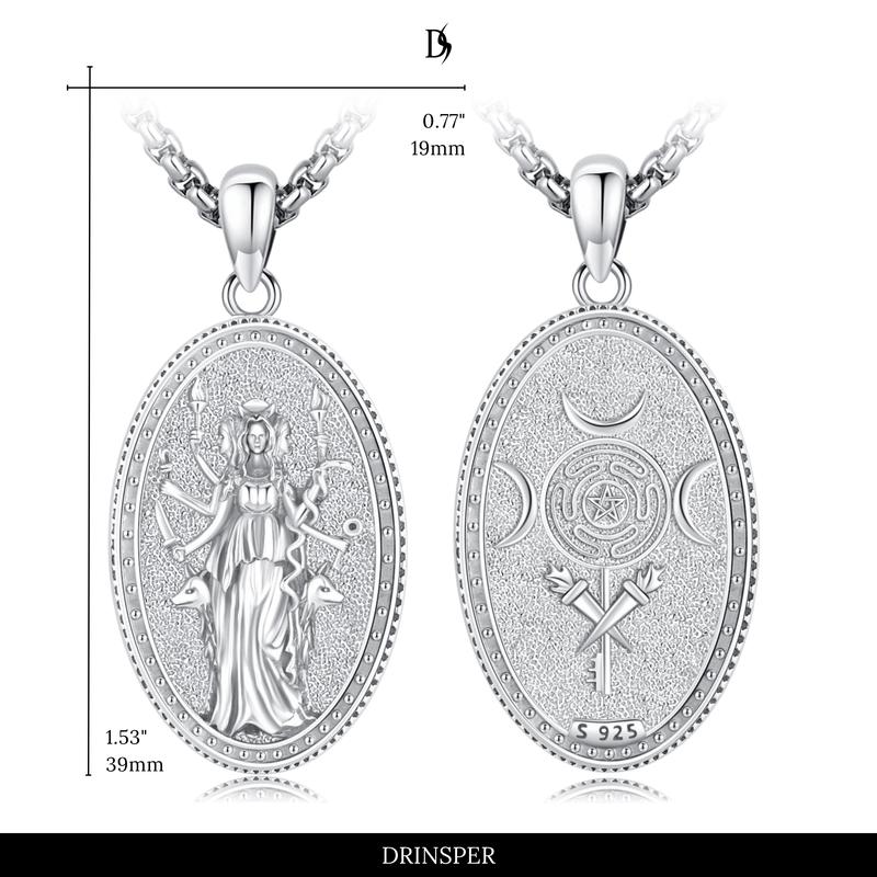 DRINSPER Hecate Necklace 925 Sterling Silver Goddess of Witches of Magic Hekate Pendant Necklace Ancient Greek Mythology Night of Hekate The Ancient Origins of the Goddess of Witchcraft and Moon Amulet Jewelry Pagan Jewelry for Women Men