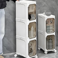 UFORU 4-Tier Tall Narrow Storage Cabinet, Plastic Slim Storage Organizer with Doors and Adjustable Shelves, Wheels, Stackable & Collapsible Storage Cabinet for Small Spaces, Bathroom, Kitchen FathersDayGift