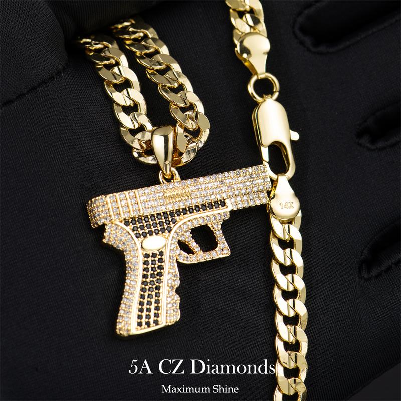 Holylegend 14K Real Gold-Plated Gun Pendant Necklace with AAAA CZ Diamonds, Streetwear Cuban and Rope Chain Jewelry, Bling Accessories Gift for Him, Men's Iced Out Hip Hop Chain