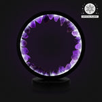 Glowing Amethyst Crystal Lamp with circular design and natural purple stone cluster