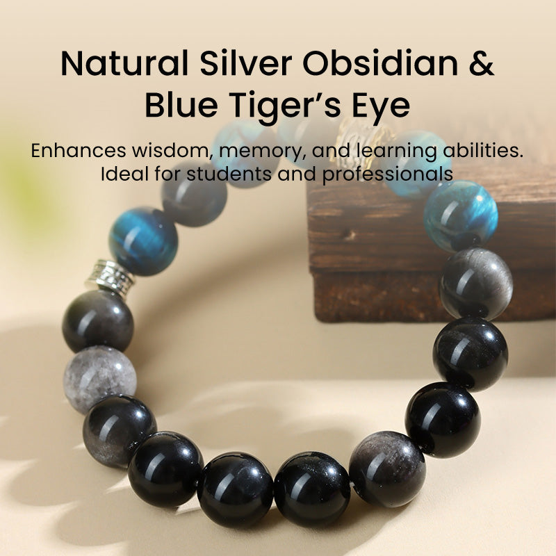 Natural Silver Obsidian & Blue Tiger’s Eye Beaded Bracelet – Vintage-Inspired Handmade Gemstone Jewelry for Protection & Energy Balance