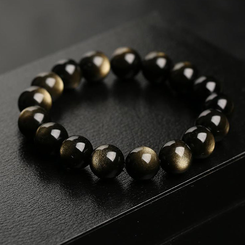 Natural Gold Sheen Obsidian and Black Agate Beaded Bracelet – Men's Luxury Sports Wealth Energy Jewelry"