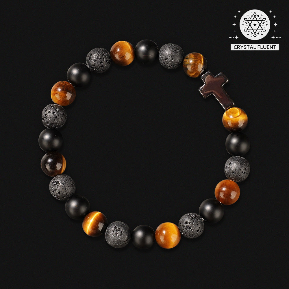 Natural Tiger's Eye and Lava Stone Beaded Bracelet with Cross Charm – Men's Luxury Spiritual Jewelry