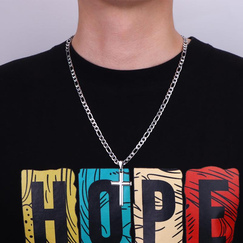 925 Sterling Silver Cross Necklace for Men Women, 5mm 316L Stainless Steel Diamond-Cut Durable Figaro Link Chain or Cuban Link Curb Chain for Men, Mens Silver Crucifix Cross Pendant Necklaces Jewelry 16-30 Inches