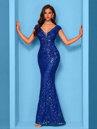 Women's Sequins Mermaid Evening Dress, Elegant V Neck Cap Sleeve Evening Party Gown, Ladies Clothes for Prom Cocktail Banquet Wedding Guest, Formal Wear