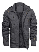 Men's Solid Pocket Zipper Detachable Hood Design Jacket, Regular Fit Casual Long Sleeve Button Hooded Outerwear for Fall & Winter, Men's Clothes for Daily Wear