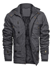 Men's Solid Pocket Zipper Detachable Hood Design Jacket, Regular Fit Casual Long Sleeve Button Hooded Outerwear for Fall & Winter, Men's Clothes for Daily Wear