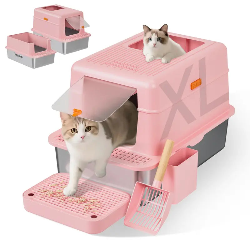 Stainless Steel cat Litter box with Lid, Extra Large Litter box XL, High Side Enclosed Litter box for Cats and Big Cats, Leak Proof Easy to Clean box toilet