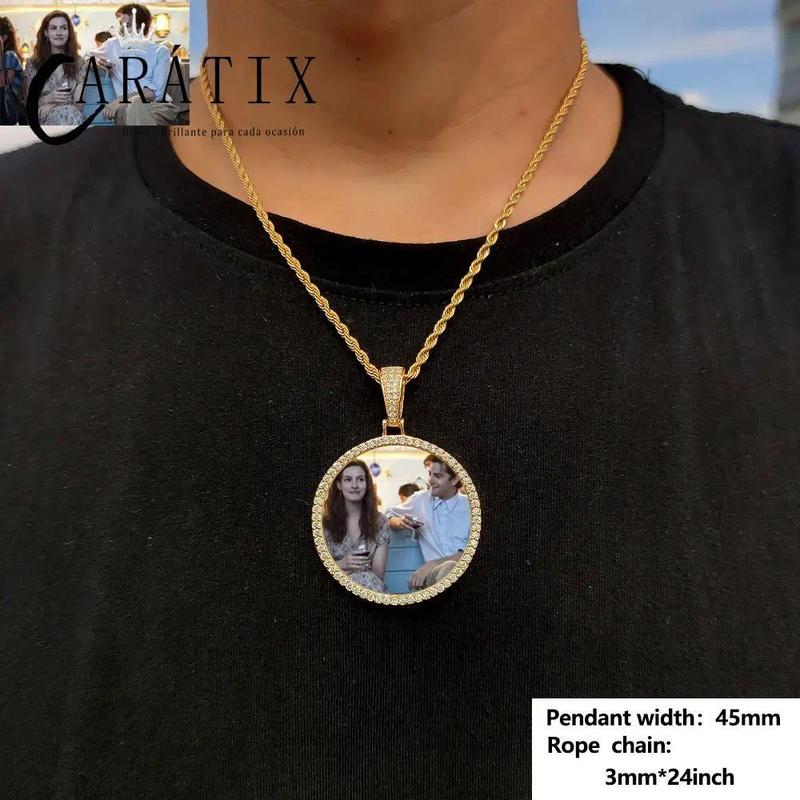 CARÁTIX Medium Round Plated Memory Medallions Charms Custom Picture Pendant Necklace for Men Hip Hop Jewelry Large Size Photo Pendant Jewellery Outdoorfun Valentine's Day Gift Fathersdaygift