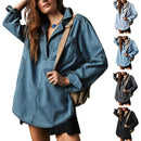 Tankaneo Women's Denim Pullover Casual Notch V Neck Blouse Loose Fit Long Sleeve Jean Jacket with Pocket
