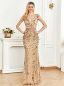 Women's Sequins Mermaid Evening Dress, Elegant V Neck Cap Sleeve Evening Party Gown, Ladies Clothes for Prom Cocktail Banquet Wedding Guest, Formal Wear