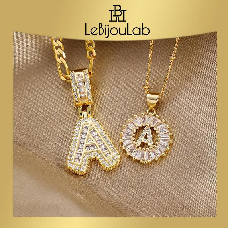 [LeBijouLab] 2 Pieces Initial Letter Necklace Set with Zirconia Stones, Golden & Silver Bubble Initial Necklaces for Women, Birthday Gifts Anniversary Gift Initial Letter Alphabet Necklace