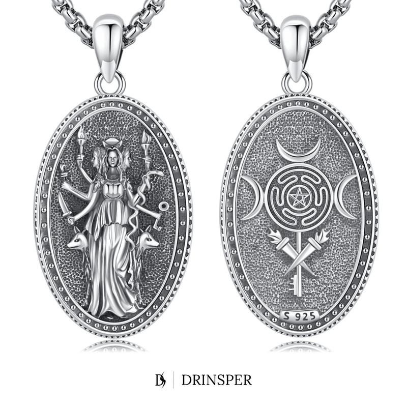 DRINSPER Hecate Necklace 925 Sterling Silver Goddess of Witches of Magic Hekate Pendant Necklace Ancient Greek Mythology Night of Hekate The Ancient Origins of the Goddess of Witchcraft and Moon Amulet Jewelry Pagan Jewelry for Women Men