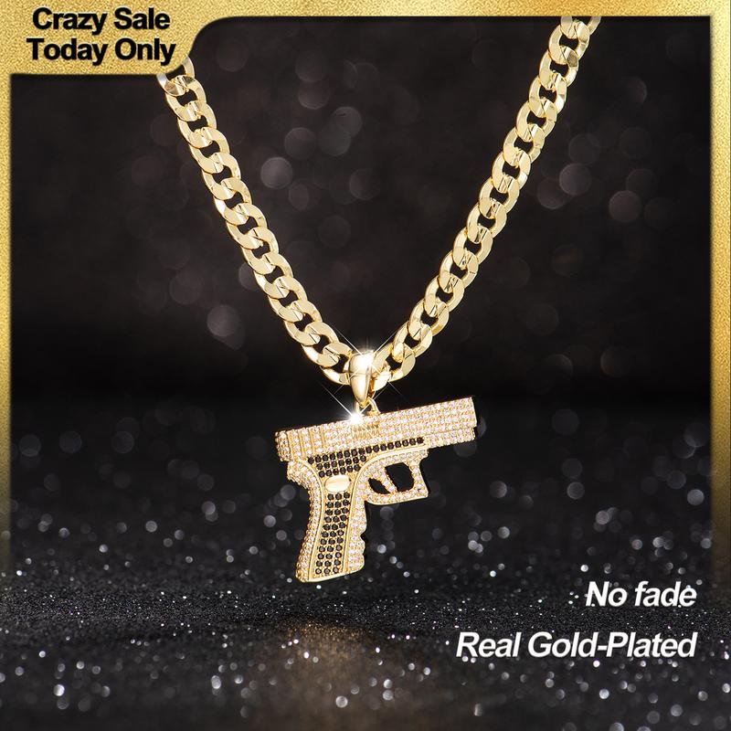 Holylegend 14K Real Gold-Plated Gun Pendant Necklace with AAAA CZ Diamonds, Streetwear Cuban and Rope Chain Jewelry, Bling Accessories Gift for Him, Men's Iced Out Hip Hop Chain