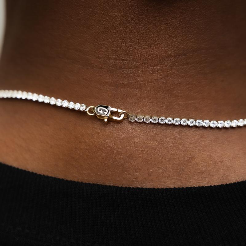 Micro Tennis Necklace in Yellow Gold - 2mm Width Jewelry for Men & Women 16" to 28" Lengths 18k Gold Plated Chain with CZ Stones