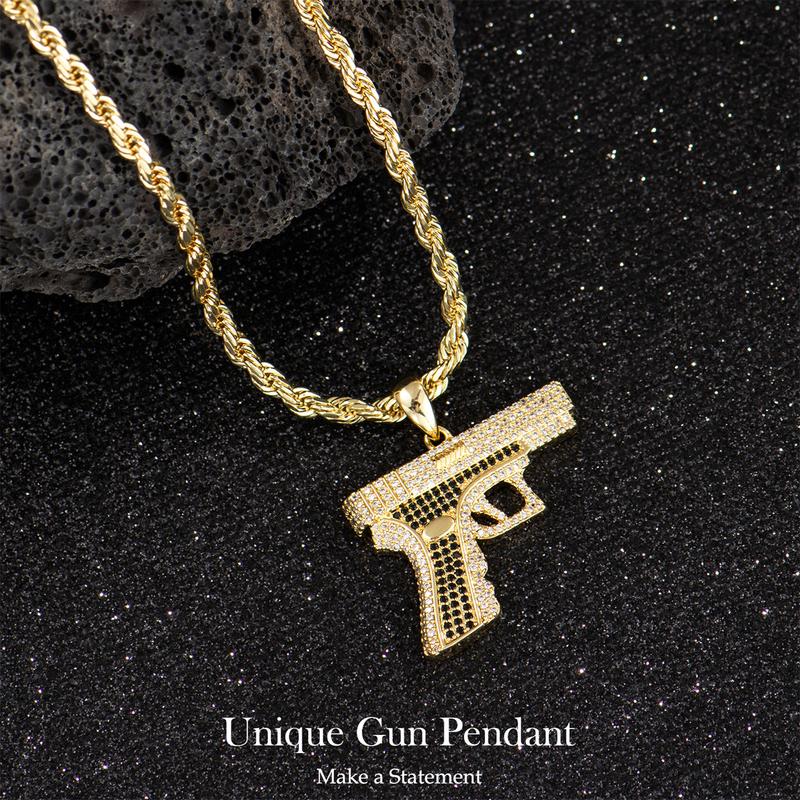 Holylegend 14K Real Gold-Plated Gun Pendant Necklace with AAAA CZ Diamonds, Streetwear Cuban and Rope Chain Jewelry, Bling Accessories Gift for Him, Men's Iced Out Hip Hop Chain