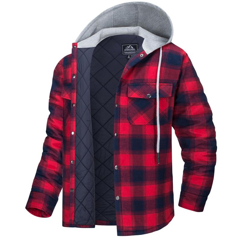 MAGCOMSEN Men's Flannel Shirt Jacket with Hood Quilted Lined Long Sleeve Plaid Hooded Jacket Button Down Spring Winter Warm Coat