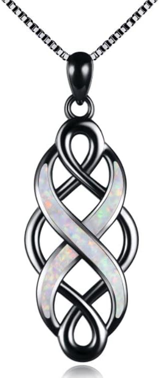 YFN Irish Celtic Knot Created Opal Pendant Necklace Sterling Silver Black Necklaces for Women Men 18"